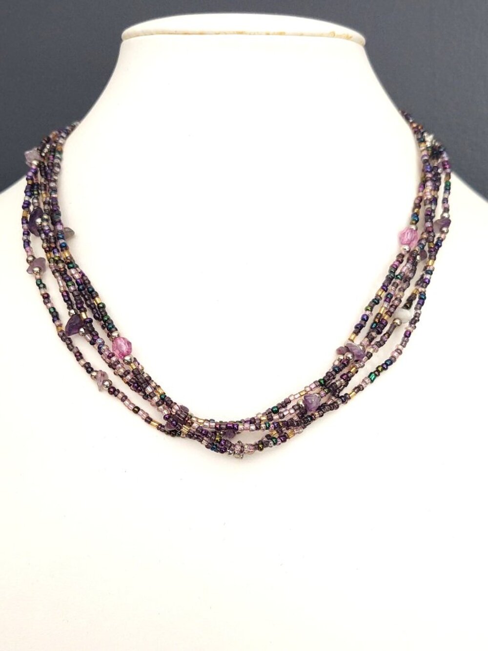 5 strand seed bead, stone chips with purple and silver accent bead necklace